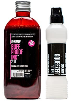 Grog Buff Proof Ink & Squeezer 10 EPT - Mop Marker Pen Refill Ink Bundle - Glossy Pack 200ml (Splatter Red)