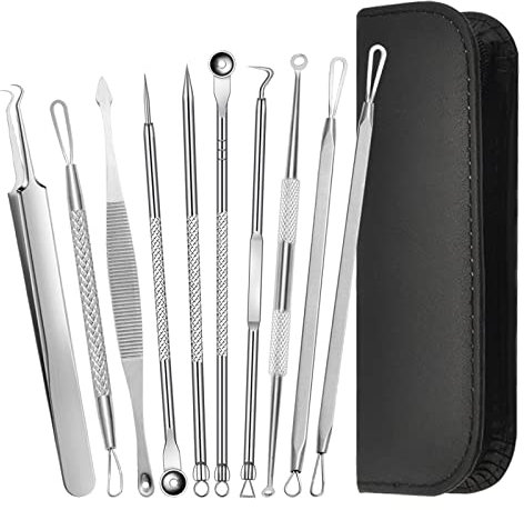 Fousenuk 10 pièces Tire Comedon Point Noir pour Peau, Extracteur Point Noir Set avec Boîte Tire Comedons en Acier Inoxydable, Blackhead Remover pour Retire Comédons, Boutons et Pustules
