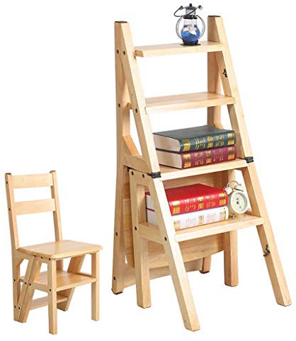 LEOSXA Tritthocker, zusammenklappbare Trittleiter Massivholzleiterhocker Treppe, multifunktionaler Trittleiter Home Office Dual-Use-Treppenstuhl, Holzfarbe, 380 x 460 x 905 mm/Walnussfarb