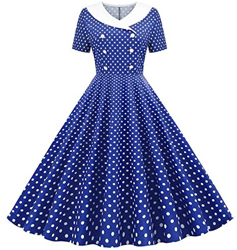BaoDan Robe Cocktail Femme Robe Vintage Femme Robe Annee 20 50 60 Robe Longue à Col en V à Imprimé Carreaux Vintage Et Manches Courtes pour Femmes Bleu Foncé-a