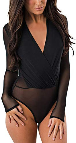 MAYFASEY Women Sexy V Neck Mesh Bodysuit Long Sleeve Sheer Leotard Jumpsuit Top, Black, L