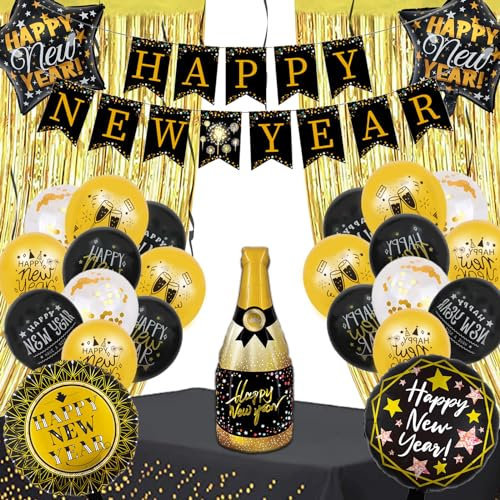 Silvester Deko 2025, 34 Stück Silvester Party Dekoration Set, Happy New Year Banner, Tischdecke Folienballons, 2025 Party Dekoration Lametta Foto Requisite, Neujahrdeko Silvesterparty Accessoire