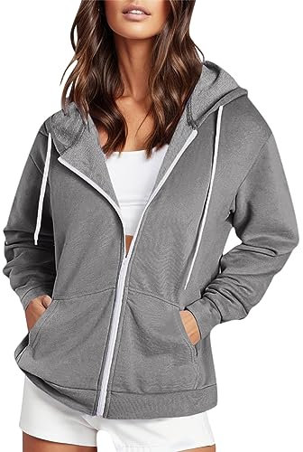 rtdgcv Frauen Herbst Winter Lässige Mode Einfarbig Zipper Mit Kapuze Jacke Kordelzug Tasche Zipper Sport Jacke Mantel Damen Winter Mantel Kunstpelz Jacke Damen Übergangsjacke Herbst