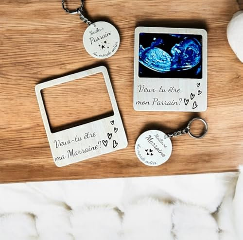 Cadeau parrain marraine demande original Lot de 2 magnets bois photo annonce demande parrain et marraine + porte clés
