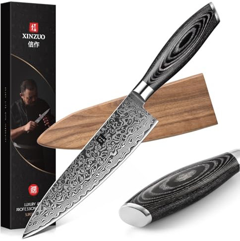 XINZUO 20.1cm Damaskus Kochmesser, 67 Schichten Damaststahl Chefmesser Profi Fleischmesser Kochmesser, Scharfe Klinge Küchenmesser- ergonomischer Pakkaholz Griff -mit Walnussholz Magnetscheide