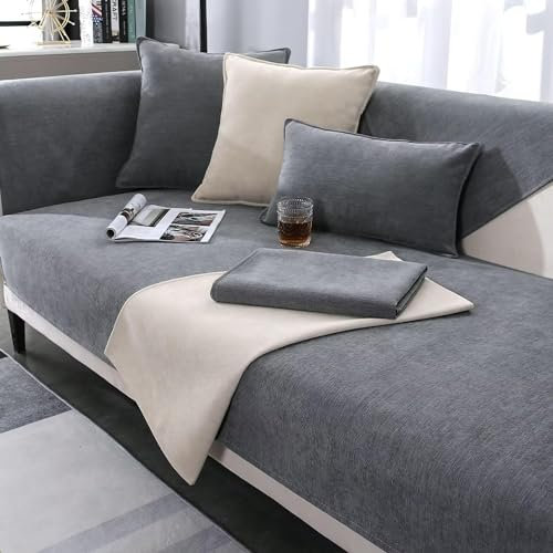 LINGKY Chenille Sofabezug 1 2 3 4 Sitzer, Sofadecken Für Sitzfläche, Ecksofa Sofa überzug, Sofaschoner rutschfest, Couch Überzug L Form Sofaüberwürfe, Sofaschutz Katze Hund (Grau,70x210cm)