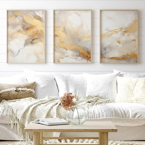 Abstract Gold Texture Style Set of 3 Unframed Prints, Modern Wall Art Home Decor, Fine Art Beige Paint, A4 and A3 Sizes