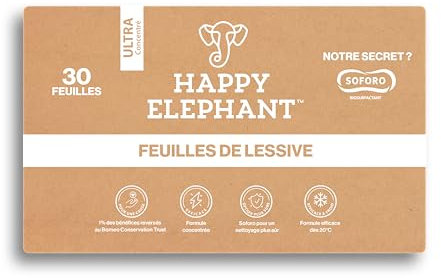 Feuilles Lessive Ecologique Ultra-Concentrée - 30 Lavages - Feuille Lessive Sans Plastique et Sans Parfum - Machine à Laver & Main - Format Compact Idéal en Voyage - Happy Elephant
