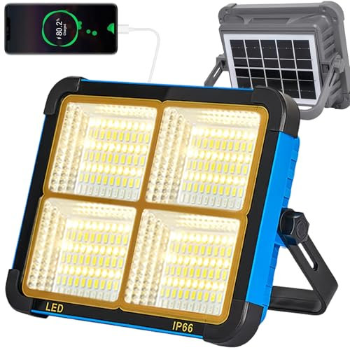 300W LED Baustrahler Akku, LED Arbeitsleuchte Akku Solarpanel 336LEDs 4 Lichtmodi Externer Akku mit 16500mAh USB Wiederaufladbar Powerbank IP66 Wasserdicht für Baustelle Notfall Garage Camping Angeln