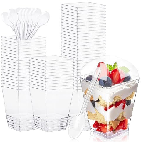 Forhandy 30 Stück Dessertbecher, 5oz/160ml Dessertgläser mit Deckel und Löffeln Klare Quadratischer Dessertbechern Wiederverwendbar Dessertschalen für DIY Dessert Mousse zu Hochzeiten Geburtstagsfeier