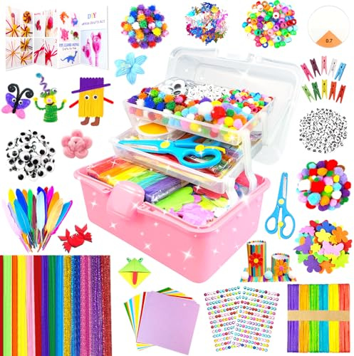 3000 Bastelset Kinder Basteln Bastelkoffer mit Pfeifenreiniger Bastelsets für Kinder im Alter von 4-6, 6-8, 8-12 DIY Schulbedarf Material Bastelbox Set Spielzeug Geschenke für Mädchen Jungen, Rot