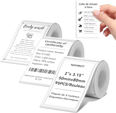 NIIMBOT 3 rouleaux d'étiquettes compatibles B1 B2 B21 B3S B31 B4 K3 | 50×80mm, 95 pièces/ rouleau Étiquettes blanches autocollantes pour bocaux cuisine