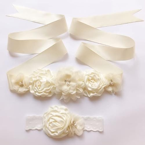 THAYLA Cinturón de Vestir para Mujer y niña, Flores Hechas a Mano, Vestidos para niñas de Flores, Cinturones y Pieza para el Cabello, Faja para Vestido de Primera comunión con Cristales para niñas