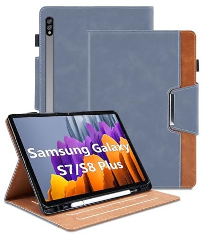 Case for Samsung Galaxy Tab S8 Plus 2022/Tab S7 FE 2021/Tab S7 Plus 2020 12.4 inch PU Leather Smart Cover with Pencil Holder, Auto Wake/Sleep Function Multi-Angle Viewing Stand Business Cover - Gray