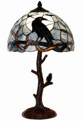 Bieye L30956 Rabe, der in einer Vollmondnacht auf einem kahlen Ast sitzt, Tischlampe aus Buntglas im Tiffany-Stil für die Inneneinrichtung (Dunkelblau, 12 B x 20 H)