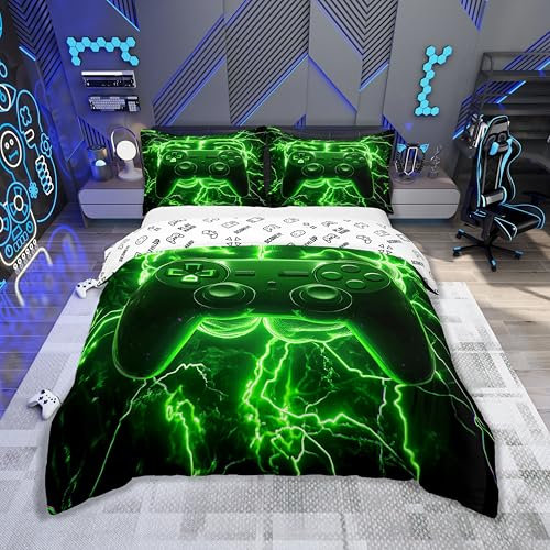 Loussiesd Gaming Bettwäsche Set 135x200cm Gamepad Bettbezug Blitzhirn Jungen Zimmer Dekor Betten Grün Teenager Spielzimmer Dekor Moderne Vr Spieler Bettwäsche-Set Joystick Controller