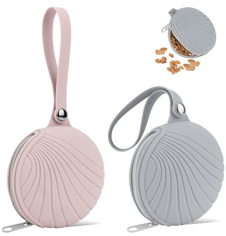 Leckerlitasche für Hunde aus Silikon 2 Stück Futterbeutel Hundetraining Hundefutter Aufbewahrung Wassedicht Tragebar für Reisen Spaziergang Leckerlibeutel für Hunde Karzen Klein Groß(Rosa & Grau)