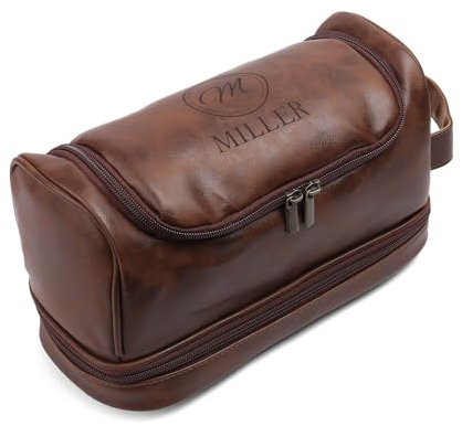 Trousse de toilette personnalisée en cuir avec noms pour homme, cadeau personnalisé pour papa, mari, petit ami, Brun rougeâtre, 29*11.5*16 cm, Moderne