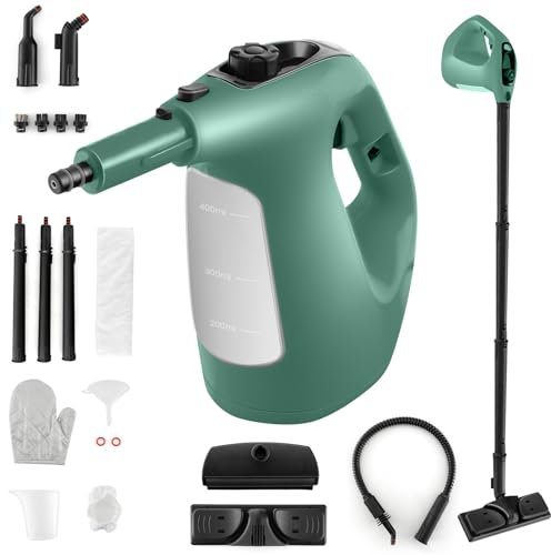 SOARS Dampfreiniger mit 14 Zubehör, Dampfdruck: 2 bar, Max. 125 ℃, Aufheizzeit: 1 min., Leistung: 1500 W, Tank: 400ML, Handdampfreiniger für Teppiche, Boden, Fenster (Grün)