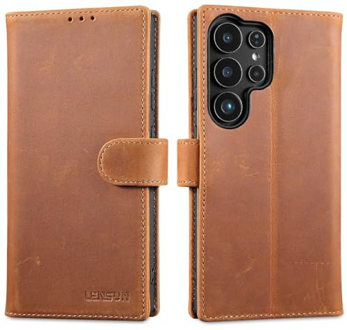 LENSUN Echtleder Hülle für Samsung Galaxy S25 Ultra, Handyhülle [Echtes Leder][RFID Schutz] Lederhülle Handytasche Klappbar für Galaxy S25 Ultra 5G - Vintage Braun