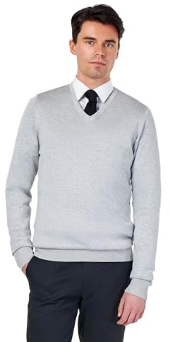Xposed Mens 100% Cotton Light-Grey V Neck Jumper Regular Fit Classic Lightweight Knit Pullover Sweater [JUMPER-V-NECK-541-LIGHT-GREY-M]