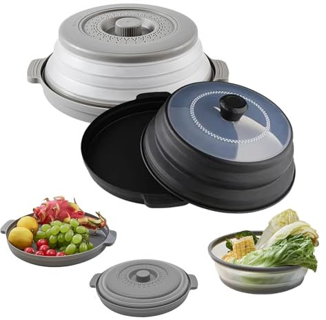 liuer Microwave Cover for Food, 2 Pcs with Base Microwave Cover Collapsible Microwave Food Cover, High Temperature Resistant for Fruit Vegetables Basket Strainer(Grey + Transparent Black)