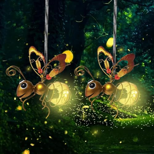 WRQIOO Solarlampen für Außen Hängend Biene, 2 Stück LED Glühwürmchen Solar Leuchte für Garten, Biene Garten Deko Solarleuchte, Biene Außen Gartendeko Lichterketten für Garden,Balkon(Gold)