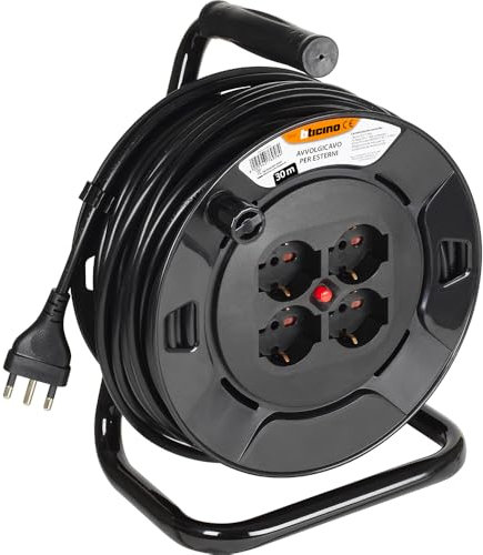 BTICINO Avvolgicavo S2630, Prolunga Elettrica 30 Metri, 4 Prese Polivalenti Schuko Bipasso, Spina Grande 16A, Interruttore Termico, Maniglia Ergonomica, Ferma Cavo e Avvolgicavo, Full Black