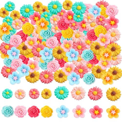 JNYUTEEN 160 Stück Mehrfarbige Kunstharz Blumen Charms, Mini Gänseblümchen Blume Deko für DIY Basteln, Scrapbooking, Schmuck & mehr