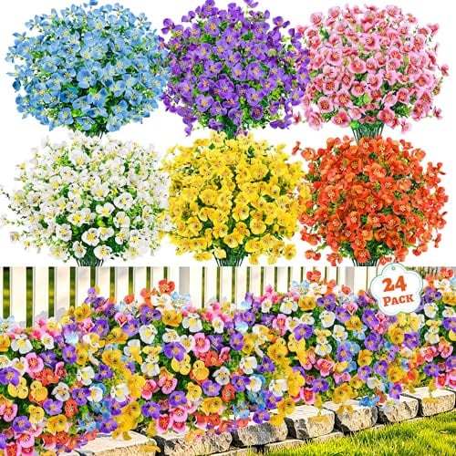 Der Rose 24 Bundles Artificial Flowers for Outdoor, UV Resistant 6 Assorted Colors Fake Pansies Spring Flowers for Planters Window Boxes Flower Beds Bulk Outdoor Garden Decor