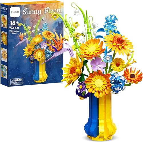 Jurair Ensemble de Construction Bouquet de Tournesols pour Adultes Vase | Cadeau Créatif de Noël pour Femmes, Fleurs Artificielles à Assembler pour la Décoration du Bureau à Domicile 1147 Pièces