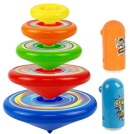 minkissy Ensemble de 5 Toupies à Empiler Colorées 2 Lanceurs Éducatif pour Garçon et Filles Développement Motricité Fine et Coordination Œil-Main Arène de Combat Couleur Aléatoire