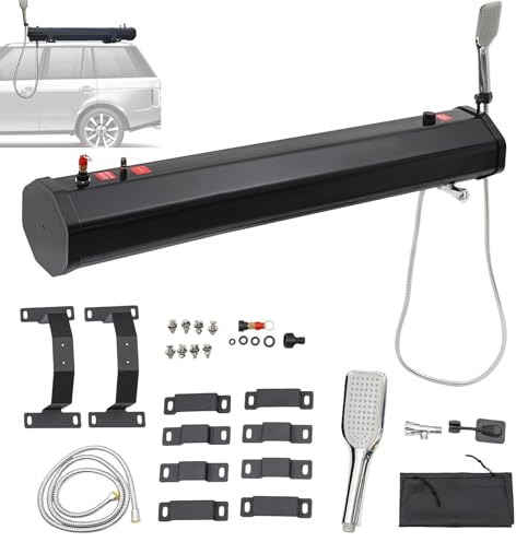 ANGDI Selbstdruckbeaufschlagender Wassertank, Solardusche zur Dachgepäckträgermontage mit Duschkopf und Wasserschlauch, Außendusche für Fahrzeuge Camping, LKW, Limousine, Wohnmobile(18L/4.8gal)
