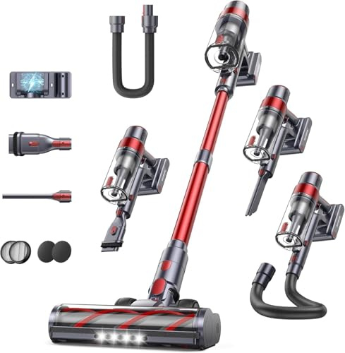 SunSare Cordless Vacuum Cleaner, 50KPa/600W, 65 Mins with Touchscreen, AUTO Mode, 1M Hose, Anti-Tangle, Self-standing, Wall-mounted Charging Vacuum Cleaner for Hardwood Floor Carpet Car Pet Hair