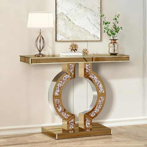 Tea-Colored Mirrored Console Table with Crushed Diamond Inlay, 39.4'' Long Entryway Sofa Table, O-Shaped Base Modern Accent Narrow Table for Living Room, Hallway, Foyer, Entrance