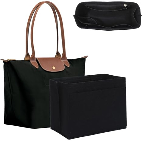 Ingenuity Workshop Bag Organiser for Longchamp Le Plaige Large Tote, Premium Felt Handbag Organiser Insert with Secure Zipper Pocket & Cup Holder, Bag Insert Divider for Women Tote Bags(Large, Black)