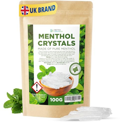Detox Organica Menthol Crystals 100g - Natural Aromatherapy Congestion Sinus Relief - Blocked Nose Descongestor - Powerful Menthol Aroma - Resealable Kraft Paper Pouch