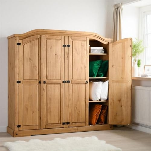 4 Door Wooden Wardrobe Solid Wood Pine Storage Bedroom Furniture Large Clothes Organizer Classic Style 189cm High 196cm Wide 56cm in Depth