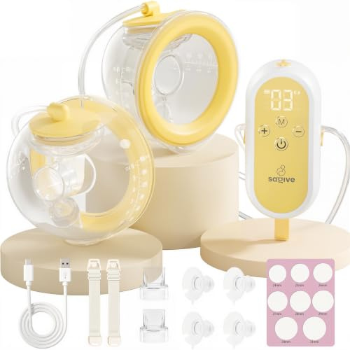 Saglve Electric Breast Pump Wearable HandsFree 4Mode 12Level 300mmHg Yellow | 80g Double Breast Pump, Rechargeable, Comfortable Quiet Portable Design, Leak-Proof Seal, 21/24mm Flange, Memory Function