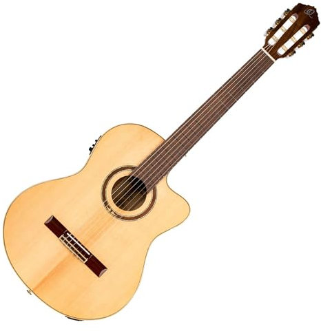 Ortega RCE138SN - Guitarra electroacústica de 4/4 (mástil estrecho: 48 mm, cutaway preamplificador, funda y correa), color madera natural