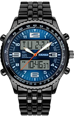 FENKOO Herren Sportuhr Japanischer Quartz LCD/Kalender/Chronograph/Wasserdicht/Duale Zeitzonen/Alarm Edelstahl Band Armbanduhr Blau