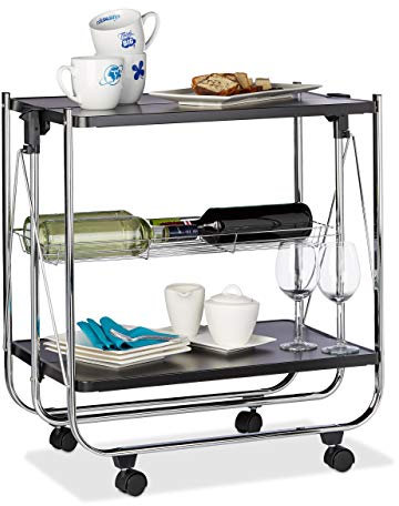 Relaxdays Servierwagen klappbar, 4 Rollen, Metall, 2 Böden, Gitterkorb, HxBxT 68,5 x 68 x 40,5 cm, Küchenwagen, Schwarz
