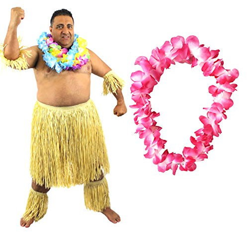 I LOVE FANCY DRESS HAWAIIANER SÜDSEE ZULU KÄMPFER KOSTÜM VERKLEIDUNG=6 TEILIG=1 ROSA LEI/BLUMENKETTE+2 BEIN STULPEN+2 ARM STULPEN+BASTROCK= HÜFTUMFANG UNGEFÄR -81-142cm+LÄNGE UNGEFÄHR - 58cm