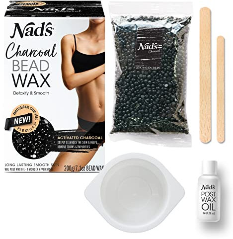 Nad's Hard Wax Beads Activated Charcoal Waxing Kit, Hot Wax Beads Hair Removal for Women, No Strips Needed, 200g