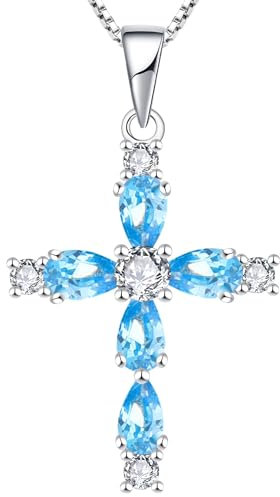 YL Kreuz Kette 925 Sterling Silber März Geburtsstein Aquamarinblau Kruzifix Anhänger Geschenke für Damen Mama, 45-48 CM