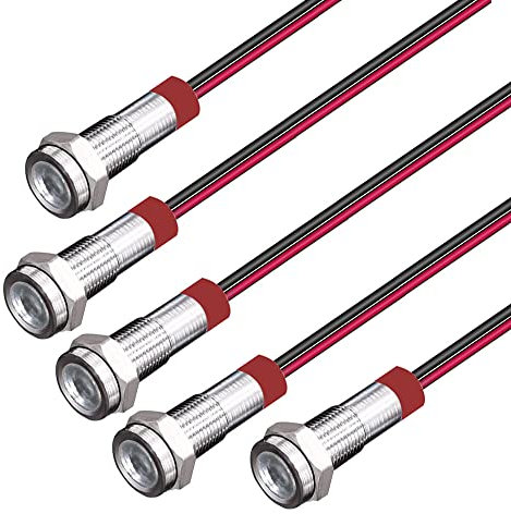 Gebildet 5 Stück 6mm 3V-4.5V-5V-6V-7.5V-9V LED Metall Kontrollleuchte Wasserdichte Signallampe Pilot Dash mit Draht (Weiß)