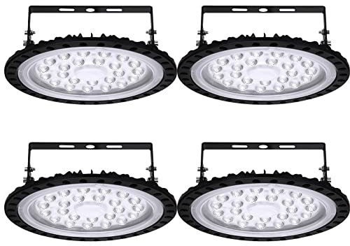 4 Stück LED UFO Industrielampe, 100W Hallenstrahler, 6500K Kaltweiß High Bay Licht, IP67 Wasserdicht Strahler Hallenbeleuchtung für Fabrikhallen, Hallenstadion, Werkstätten