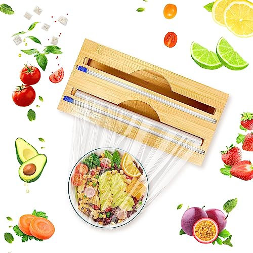 2-in-1 Bamboo Wooden Foil Dispenser with Cutter, Storage Organizer for Aluminum Foil, Cling Film, Parchment Paper, Tin Foil Dispenser for Kitchen Cabinet Drawer, Compatible with 12 or Lower Roll