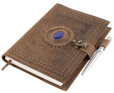 moonster Nachfüllbares Leder Tagebuch für Damen - Vintage Notizbuch Leder, Ledernes Buch der Schatten - 320 Linierte Seiten, Handgefertigt mit Sonne, Blauem Stein & Edlem Stift - Lederbuch, Lederheft