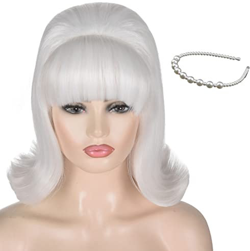 ATAYOU Kurze Weiße Vintage Beehive Perücke mit Perlen Stirnband, 60er und 70er Jahre Weiße Bouffant Bienenstock Perücke für Frauen 60er Jahre Retro Halloween Cosplay Perücke